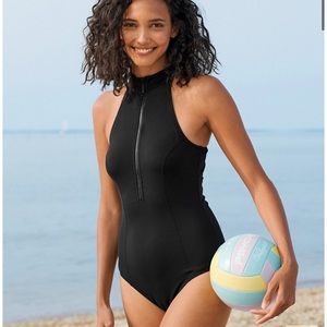 Garnet Hill Active Zip-Front One-Piece Swimsuit